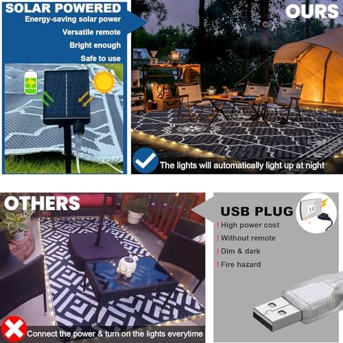 Lighted Outdoor Rug 8x10 ft, Solar Powered Patio Rug with 113 LED Lights, Waterproof Plastic Reversible Outdoor Straw Rugs, Rugs Mat for House Deck RV Camping Patio Beach Balcony Picnic (Blue White) - Image 6
