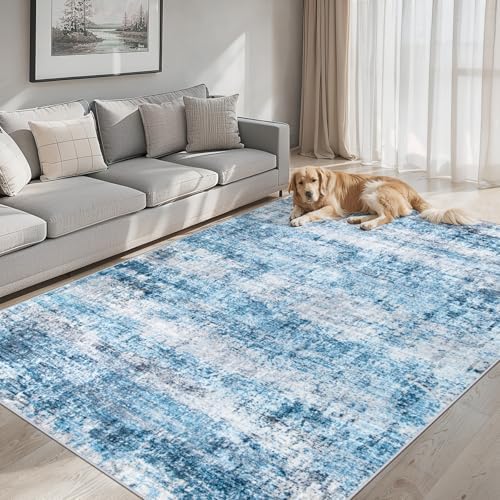 PLHXFR Area Rug Living Room: 4x6 Modern Abstract Washable Carpet Blue by PLHXFRSoftAreaRugs