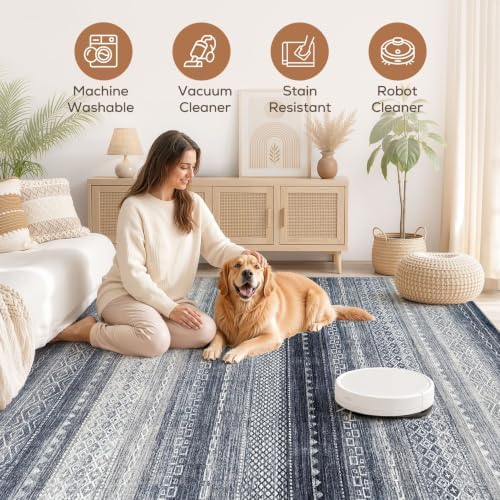 Nakagishi Boho 10x14 Area Rug Living Room Rugs Machine Washable Blue - Image 3