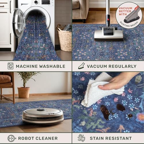 Washable Dark Blue Rug for Living Room - 10x14 Large Area Rug for Dining Room Under Table, Bedroom, Soft Low Pile Non-Slip Stain Resistant Carpet - Vintage Navy Floral Design - Image 4