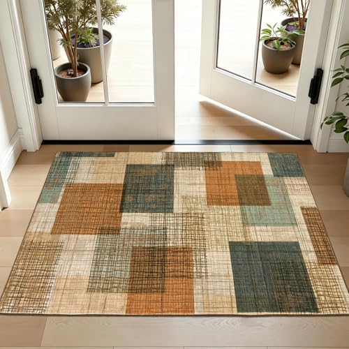 Washable 2x3 Entryway Rug Throw Rugs with Rubber Backing Orange/Blue - Image 2