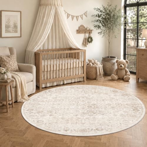 Washable 6ft Round Living Room Non-Slip Rug Retro Beige Throw Carpet - Image 4