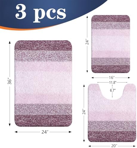 OLANLY Microfiber Bathroom Rugs Sets 3 Piece, Absorbent Bath Mats, Mauve - Image 2