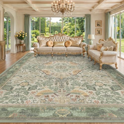 Floral Washable Large Rugs for Bedroom 10x14 - Sage Green Soft Area Rug for Dining Room Under Kitchen Table, Living Room, Playroom, Folable Non Skid Low Pile Indoor Carpet by HazoHaus