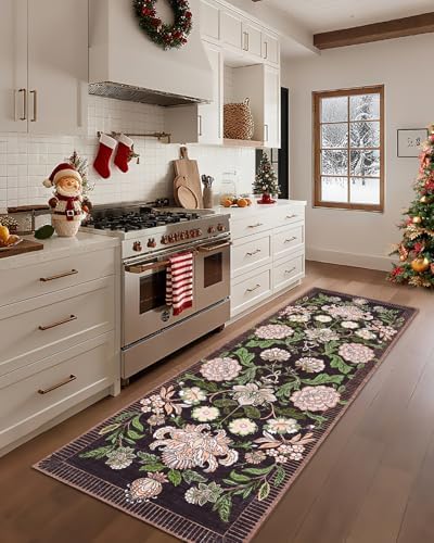 GarveeHome Plum Pink Floral Botanical 2x6 Washable Kitchen Runner Rugs Non Slip Black Purple Vintage Boho Cottage Long Rug for Hallways Bedroom Entryway Bathroom Mat with Rubber Back - Image 3