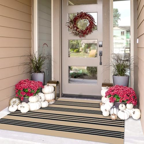 IOHOUZE 3x5 Striped Indoor Outdoor Rug, Washable Front Porch, Black Tan by iOhouze