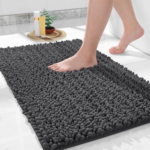 Yimobra Bathroom Rugs Non Slip Washable 32x20 Inch - Ultra Soft Absorbent Chenille Bath Mat, Quick Dry Shaggy Floor Carpet for Tub Shower, Dark Gray Home Decor Accessories by Yimobra