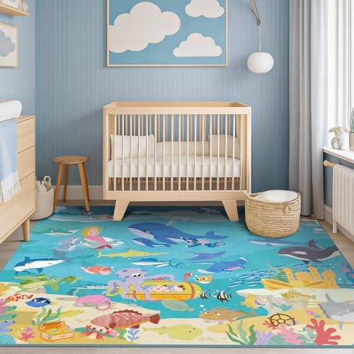 4x6 Ocean Rug for Kids Playroom – Sea Life Learning Carpet with Mermaid, Submarine & Whales, Soft Washable Stain Resistant Playful Area Rug for Kids, Educational Underwater Theme Carpet by HazoHaus