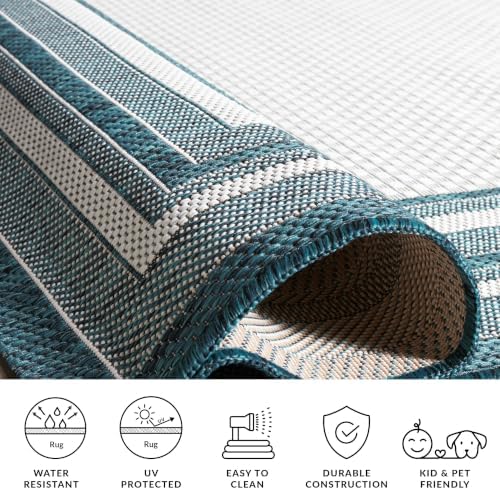 SAFAVIEH Washable Rug Outdoor Courtyard Collection - 10' Square, Ivory & Teal, Non-Shedding & Easy Cleaning, Ideal for Patio, Backyard, Mudroom (CY8475-53512) - Image 6