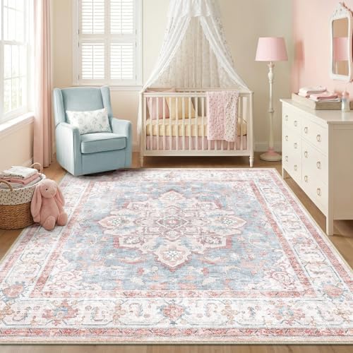 CAPALOCA Square 8ft Washable Nursery Girls Low Pile Area Rug Pink Blue by CAPALOCA