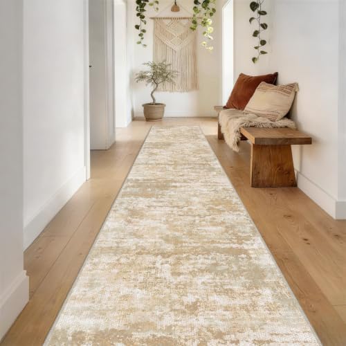 Washable Carpet Runners for Hallway 12ft-Non Slip Floor Runners for Dogs, Abstract Hallway Runner Rug with ‌Silicone Backing, Stain Resistant Rug for Indoor High Traffic,2.6x12,Beige/Yellow by TTelephant