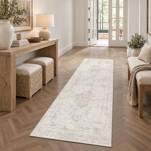 Washable 2x6 Dorm Runner Rug Soft Medallion Neutral Beige Long Carpet - Image 2