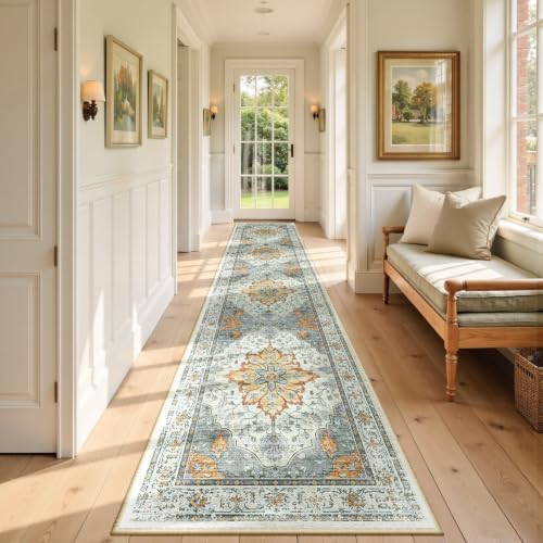 RELEANY Washable Area Rug, Runner 2'x9', Beige/Carbon Grey/Orange - Image 2