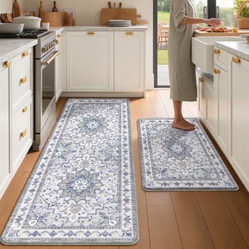 Boho Kitchen Mats for Floor 2PC Anti Fatigue Kitchen Rugs, Blue Grey by tubeamin