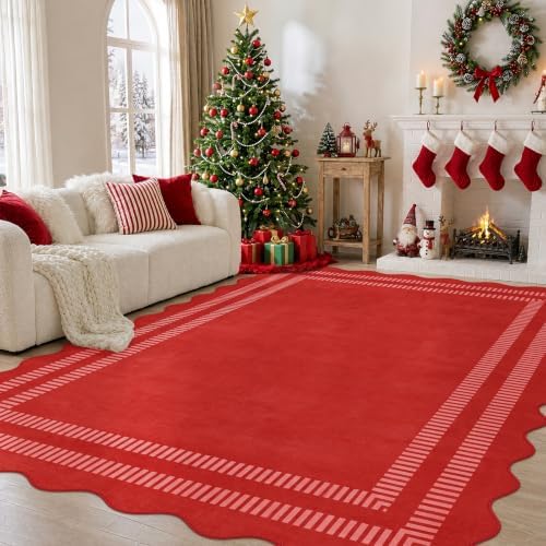 Washable 8x10 Christmas Area Rugs for Living Room, Solid Red Ultra-Thin Bedroom Rug Non-Slip Dining Room Rugs, Soft Scalloped Carpet for Nursery Kids Room Office by LORWER