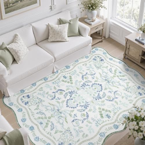 DCX Blue and Green 5x7 Rug, Washable Botanical Scalloped Rug - Image 3