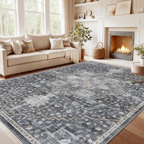 Amada 8x10 Washable Area Rug for Living Room, Gray/Gold, Vintage Pattern by AMADAHOMEFURNISHING