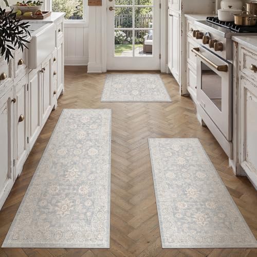 3 Piece Blue Cream Neutral Floral Kitchen Rug Set by WondRg