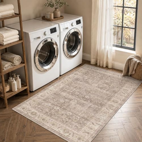 Washable 3x5 Entryway Non-Slip Area Rug Boho Light Taupe Throw Carpet - Image 4