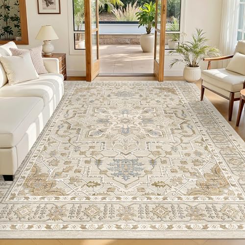 Madane 6x9 Area Rugs for Living Room, Vintage Washable Rug, Beige/Blue by Madane
