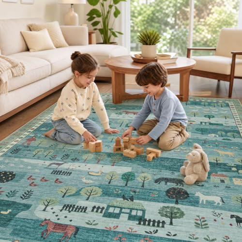 Machine Washable Area Rug 5x7, Soft Whimsical Rug, Vintage Farmhouse Green - Image 6