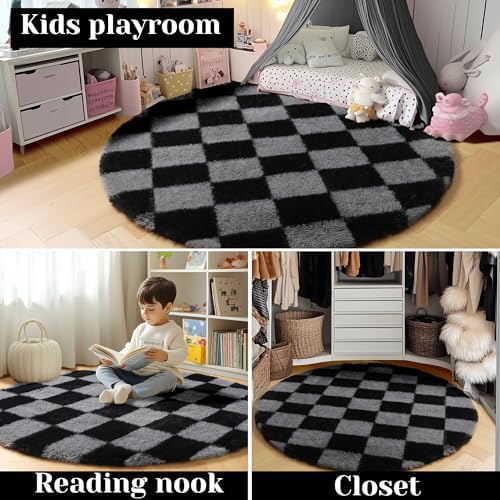 KICMOR Round Rugs 5ft Black and Grey Circle Area Rug, Fluffy Soft Fuzzy Shag Shaggy Bedroom Living Room Carpet, Indoor Checkered Circular Rug for Teen Kids Boys Girls Home Decor Aesthetic, Nursery - Image 7