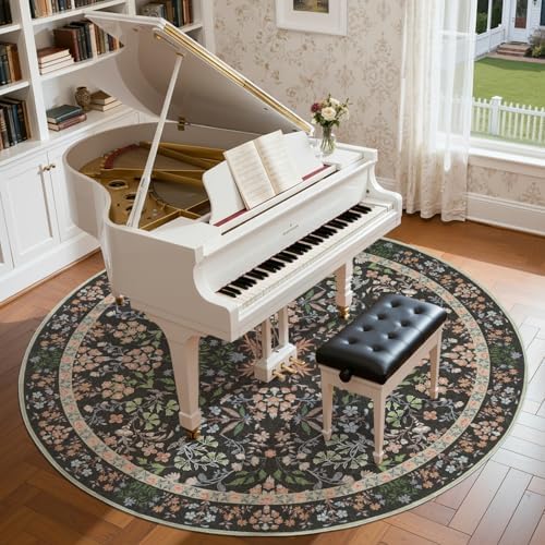 jinchan 8ft Washable Round Area Rug, Vintage Floral, Black - Image 2