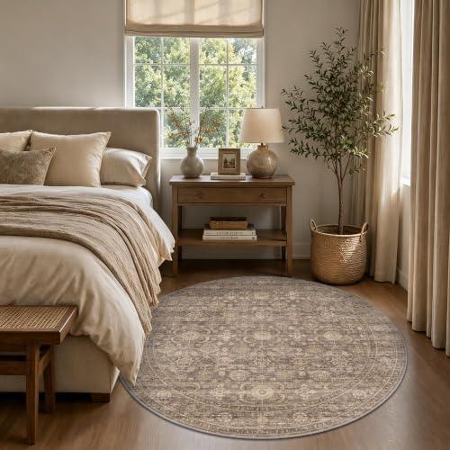 JOOJA 6x6 Tan Vintage Soft Low Pile Washable Boho Round Living Room Rug by JOOJA