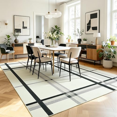 Terrug Beige Striped Checkered Rug for Living Room, 5x7 Washable Area Rugs - Image 2
