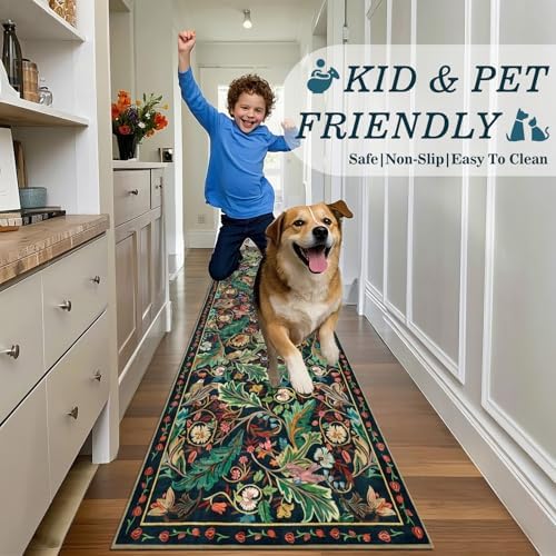 nesrt Boho Washable 3x10 Hallway Runner Rugs, Non Slip Floral Birds Long Kitchen Runners, Soft Jungle Birds Floor Carpet for Entryway, Low Pile Decor Rug for Hall Laundry Bedroom Bathroom (Dark Green) - Image 5