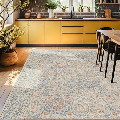 Washable Light Blue Bedroom Rug, 9x12 Area Rug for Living Room, Large Dining Room Rugs for Under Table, Soft Low Pile Non-Slip Stain Resistant Carpet - Vintage Floral Design (9x12 Beige Blue) - Image 4