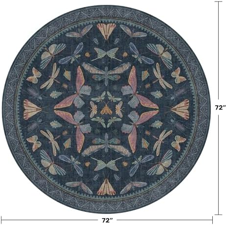 Dark Blue Vintage Playroom Round Rug 6ft, Washable Soft Area Rug for Entryway, Living Room & Kitchen, Stain Resistant Boho Insect Print Carpet - Image 2