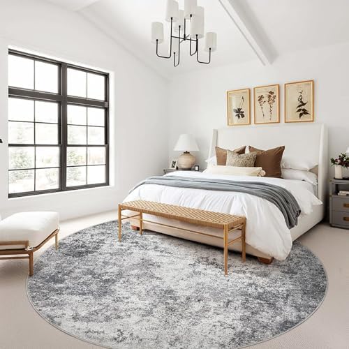 UERMEI 10ft Round Area Rug Living Room Rugs - 10x10 Washable Large Neutral Modern Abstract Soft Thin Rug Indoor Floor No Slip Rug Carpet for Bedroom Under Dining Table Home Office Decor - Grey - Image 2