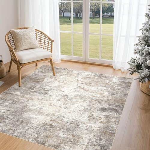 UERMEI Square Area Rugs : Washable 5x5 Neutral Modern Abstract Carpet for Living Room Bedroom - Soft Floor Mat with Non Slip Backing for Kitchen Nursery Dorms Farmhouse Home Decor - Brown Grey by UERMEI