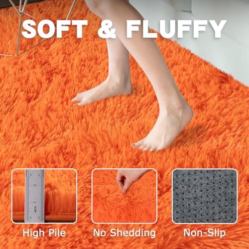 6ft Round Fluffy Rug for Bedroom Orange, Washable Non-Slip - Image 6