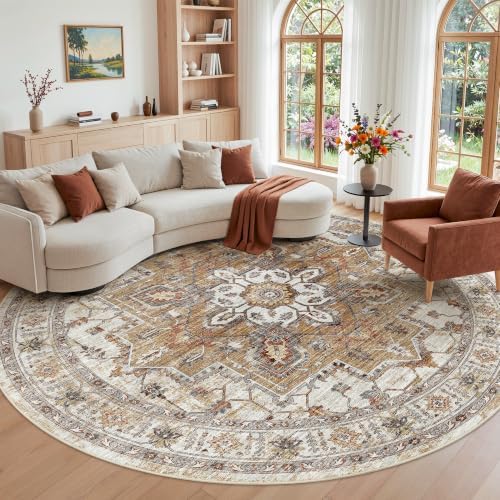 Madane Washable 8ft Circle Round Rug, 8x8 Circular Area Rugs, Turmeric/Grey by Madane