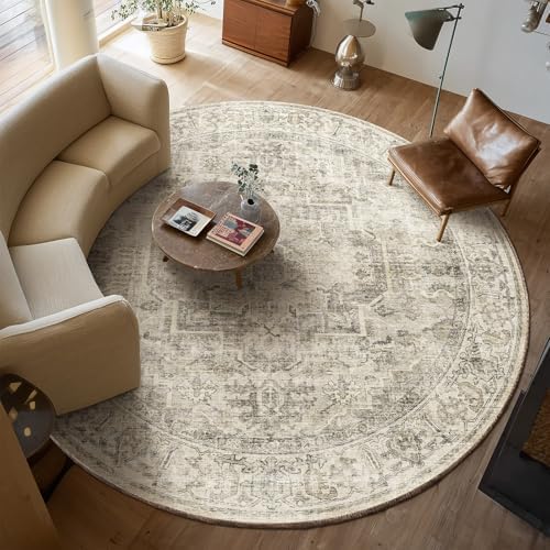 6ft Washable Round Rugs for Bedroom: Circle Living Room Rug Vintage Non Slip Low Pile Soft Faux Wool Non Shedding Boho Circular Rug for Entryway Kitchen Bathroom Office College Dorm Nursery Indoor by palohom