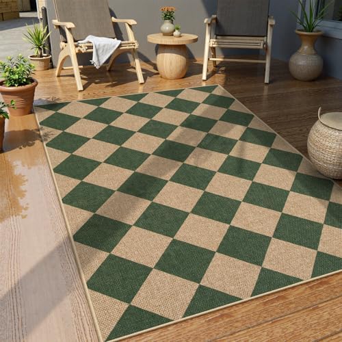 Lahome Checkered Easy Jute 3x5 Outdoor Patio Rug, Washable Rugs Green - Image 2