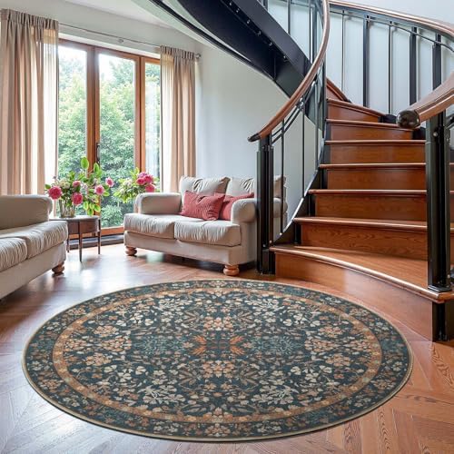 jinchan 6ft Washable Round Area Rug, Vintage Floral, Dark Blue - Image 2