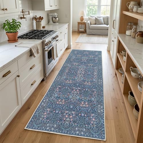 Non Slip 2x6 Kitchen Runner Rug Washable, Hallway Runner Rugs, Boho Vintage Floral Blue Non Skid Carpet Stain Resistance Ultra Soft Low Pile for Entryway, Bathroom Mats for Floor by SparkleGaze