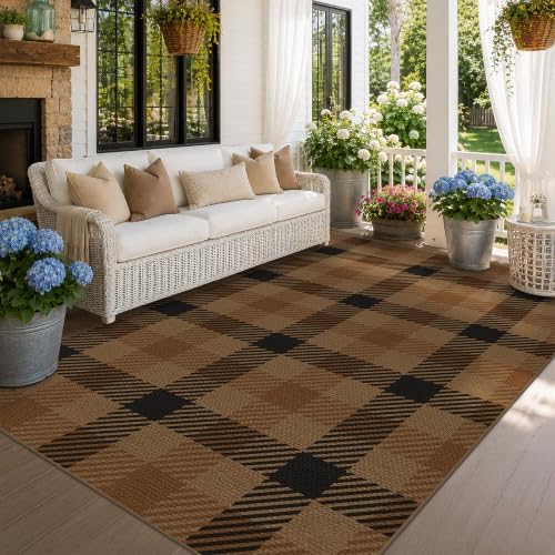 JTJ Easy Jute 6x9 Outdoor Area Rug, Black & Brown Plaid, Washable by JTJ