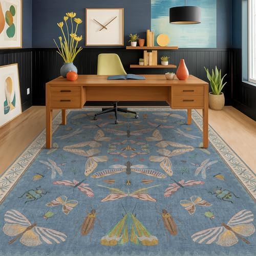 Hazo Haus 6x9 Blue Floral Rug for Dining Room Table - Area Rugs for Living Room, Bedroom, Insect Moth Art Nouveau Décor, Washable Lightweight Foldable Non Slip - Image 6
