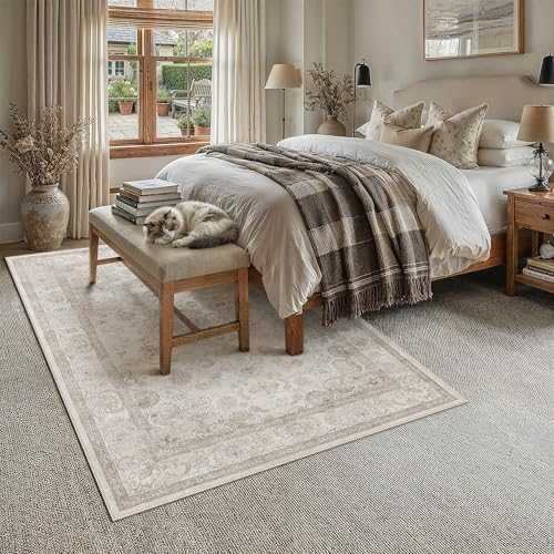 PureCozy Beige 6x9 Washable Area Rug Living Room Vintage Distressed Carpet - Image 2