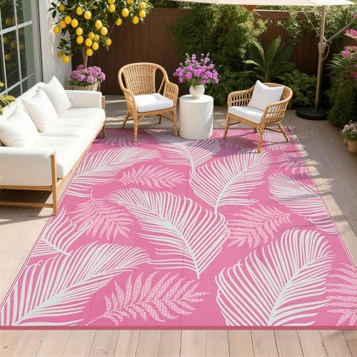 Pauwer Waterproof Outdoor Rug 8x10, Plastic Straw Patio Rug, Leaf Pink by Pauwer