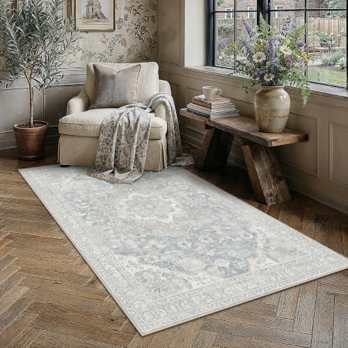 PureCozy Blue Area Rug 3x5 Entryway Vintage Floral Non-Slip Carpet by PureCozy