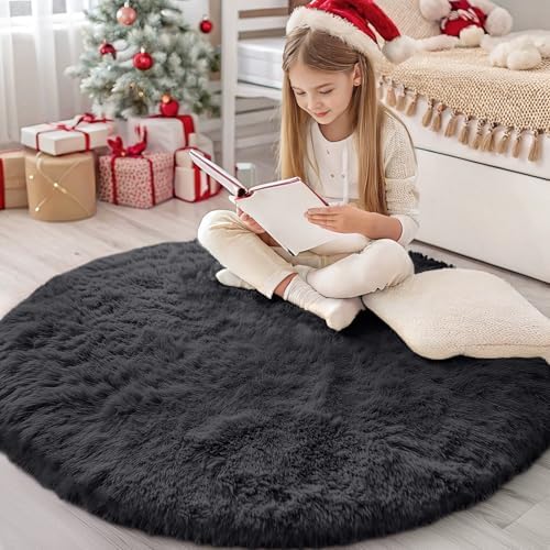 OLANLY Black Round Rugs for Bedroom - Machine Washable, 4 ft Circle Area Rugs for Living Room, Soft and Fluffy Shaggy Carpet for Teen Girls and Boys, Nursery Rooms, Dorms, Home Decor Aesthetic by OLANLY