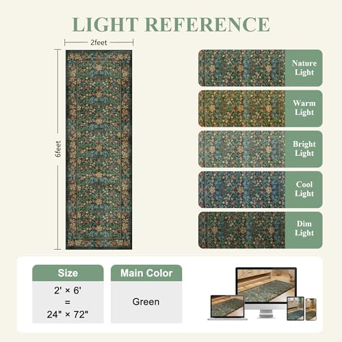 DUKINO 2x6 Runner Rug, Washable Vintage Floral Kitchen Rug, Green - Image 2