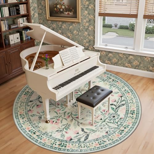 PLHXFR Round Area Rug Living Room: 8 ft Floral Washable Carpet Green Beige - Image 4