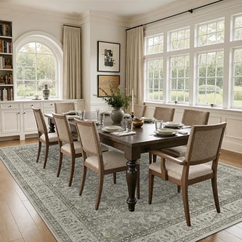 Living Room Rug 8x10 Neutral Gray, Washable Non Slip Carpet for Dining Room Low Pile Thin, Transitional Modern Faromhouse Print Area Rugs for Bedroom Home Office Playroom, Gray/Beige/Olive - Image 4