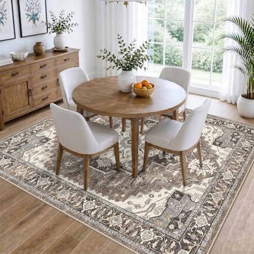 Washable Living Room Area Rug 5x6: Indoor Entryway Kitchen Rugs with Non-Slip Rubber Backing Large Vintage Stain Resistant Bedroom Carpet Non-Shedding Soft Thin Floor Mat for Dining Room(Beige,5x6) - Image 3